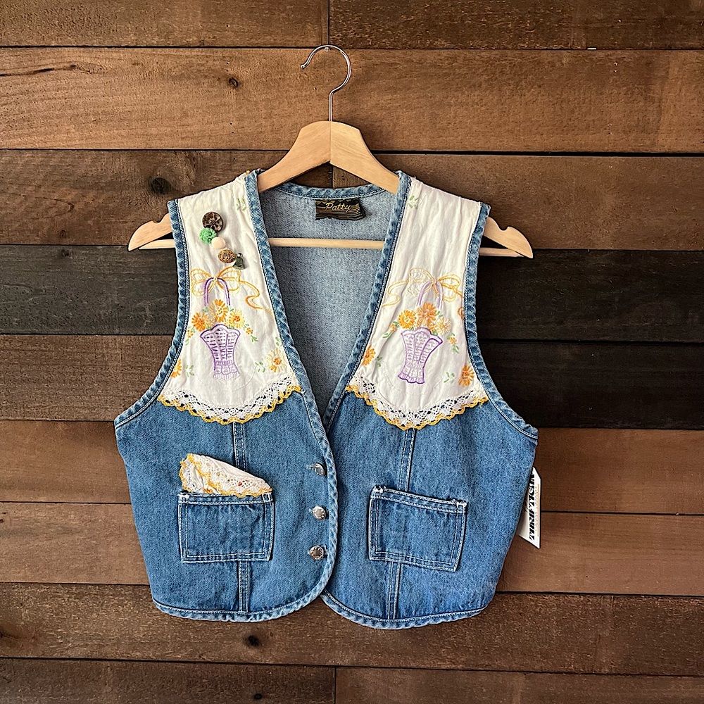 Vintage Patty Denim Vest Embroidered Patchwork Made In Usa